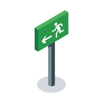 Green emergency exit sign with running figure arrow isometric 3d icon. EPS Editable