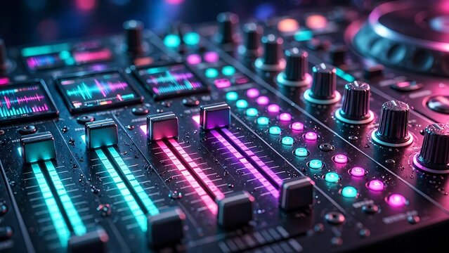 Professional DJ Audio Mixer Console with Glowing Colorful LED Lights Waveform Screen and Sliders in Close Up Macro View for Electronic Music Production