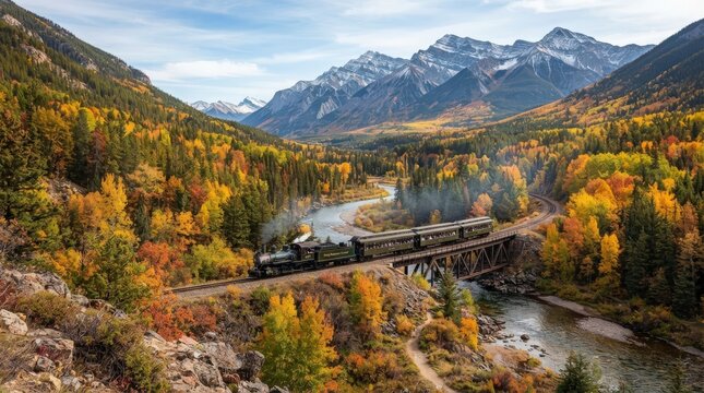 Steam train crossing a bridge in a mountain valley during autumn foliage season.