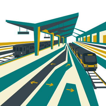 Modern train station platform illustration with passenger trains on railway tracks and directional arrows. EPS Editable