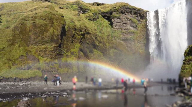 Iceland - September 1, 2026: Skogafoss waterfall and double rainbows