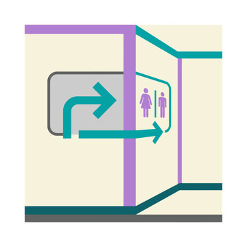 Restroom directional sign with arrow pointing around hallway corner illustration. EPS Editable