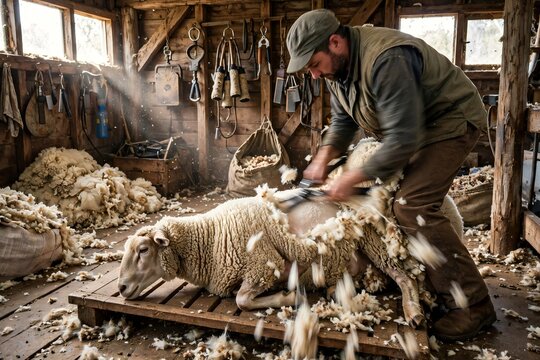 Farmer vigorously shearing a domestic sheep Ovis aries using mechanical clippers inside a rustic dusty wooden shed with scattered wool fleece during the agricultural wool harvesting season
