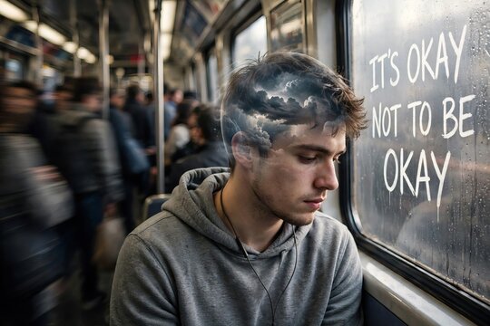 A sad Caucasian young man sitting on a crowded subway train with dark stormy clouds inside his transparent head, looking depressed next to a window with text IT'S OKAY NOT TO BE OKAY