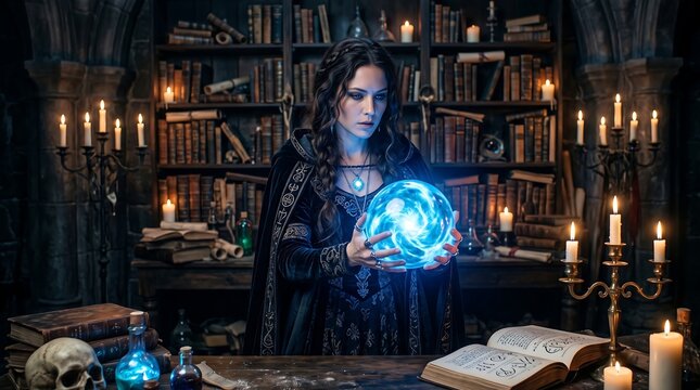 Fortune Teller With Crystal Ball in Mystical Library