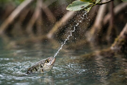 Archerfish from Southeast Asia spitting a jet of water to catch an insect on a leaf above the surface in a mangrove habitat, displaying unique hunting behavior in brackish water