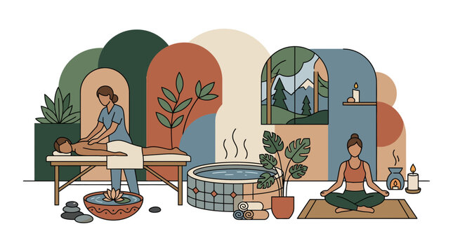 Wellness spa with massage and meditation scenes