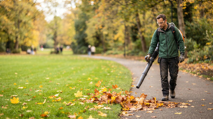 Obraz premium Professional gardener clearing autumn leaves with backpack leaf blower in public park