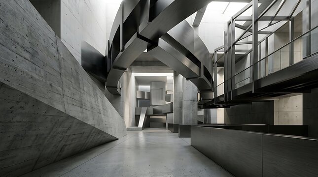 Modern brutalist concrete architecture interior with industrial steel beams and geometric design