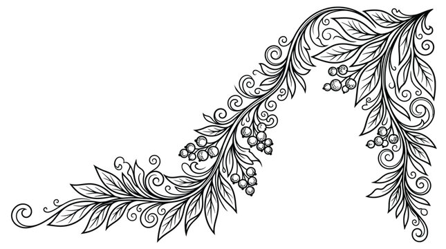 Elegant black and white floral corner ornament with leaves and berries.