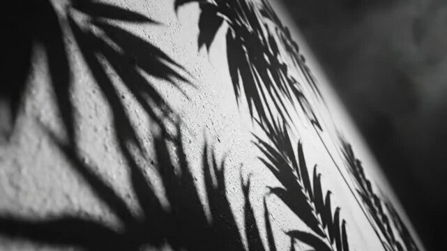 Black and white close up of textured white wall with shadows of leaves, creating an artistic effect with texture.