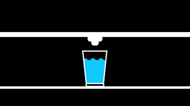 2D animation of fresh blue water pouring into a glass on a black background. Minimalist flat design style for hydration and drinking concepts.