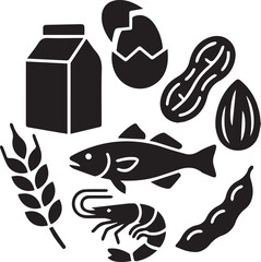 Fototapeta premium Food allergen icons set with milk egg peanut wheat fish shrimp and almond for dietary safety warning label.