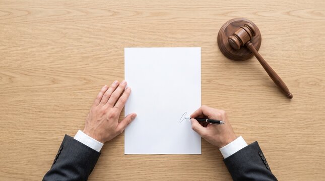 Lawyer signing legal contract document with wooden gavel on desk for court settlement. Man in suit handwriting signature on blank paper for business agreement or legal decree.
