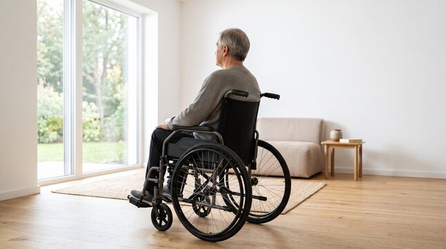 Senior man in wheelchair looking out window in bright modern living room or care home facility reflecting on life for healthcare disability and elderly care concept