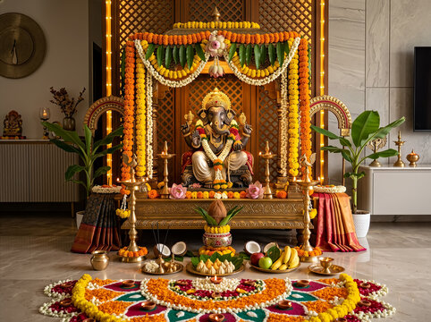 Decorated Ganesha Altar With Marigold Garlands, Rangoli and Offerings for Ganesh Chaturthi Puja Celebration