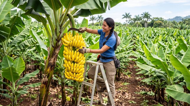 Female farmer harvesting yellow bananas on tropical plantation
