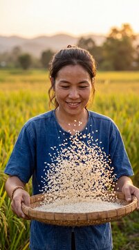 Asian woman winnowing rice grains in sunset field