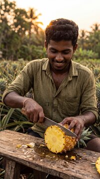 Smiling man slicing fresh pineapple at a plantation