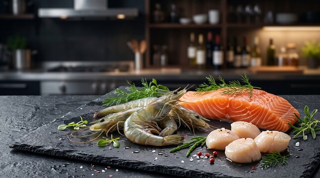 Fresh raw salmon fillet, shrimp and scallops on a black stone board in a kitchen.