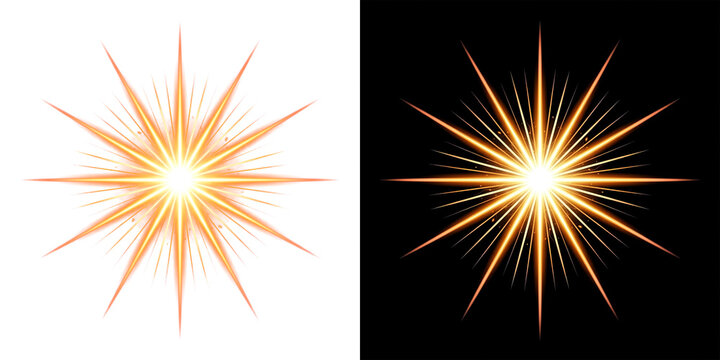 Radiant golden spark burst with sharp glowing rays and fiery ember halo effect overlay isolated on transparent background