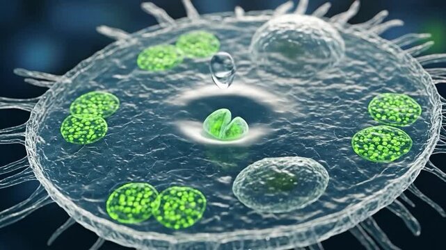 Microscopic view of a eukaryotic cell with green organelles and cellular structure for biology concepts