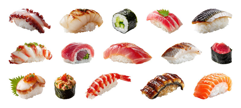 PNG Assorted sushi set with nigiri, maki, gunkan, and sashimi, transparent background