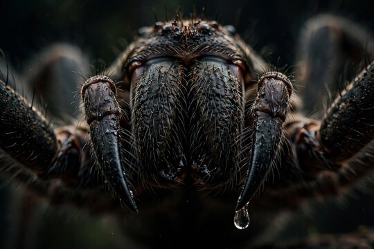 Extreme close-up of a large hairy spider face showcasing sharp fangs and pedipalps with a single water droplet hanging, highlighting the intricate details of arachnid anatomy in dark macro