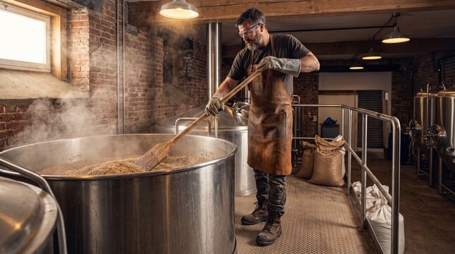 Craftsman brewing beer in a traditional brewery with large stainless steel vats and wooden beams