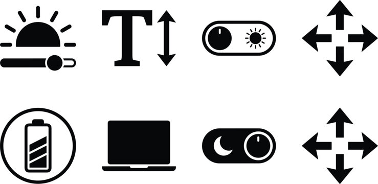 User interface control icon collection featuring brightness slider, text resizing, light and dark mode toggles, fullscreen and device display symbols