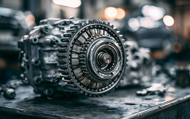 Fototapeta premium Automotive transmission gearbox in service garage