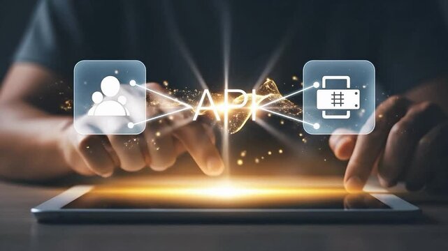 API integration concept with glowing digital icons connecting user data on a modern tablet interface