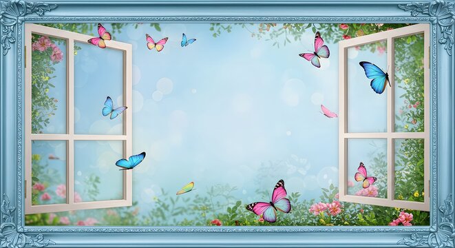 A picturesque scene featuring an open window framed in blue, with colorful butterflies fluttering outside amidst a floral backdrop.