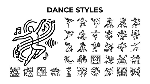 Dance Styles and Poses: A vibrant illustration showcasing a dynamic dancer in a stylized pose surrounded by musical notes and sound waves, accompanied by a grid of various dance pictogram symbols.