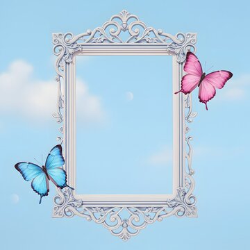 picture frame centered against a pale blue sky with soft, out-of-focus clouds; filigree and subtle chipped paint revealing faint weathered texture. Two butterflies flutter near the frame