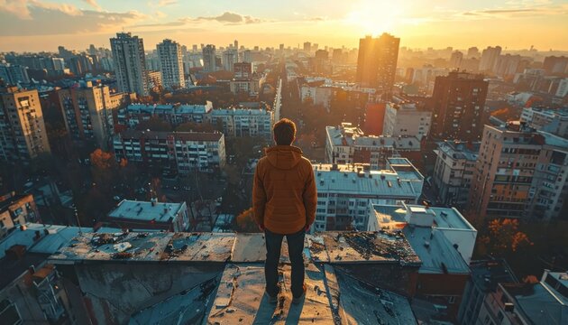 Man Standing on Rooftop Overlooking Cityscape at Sunset