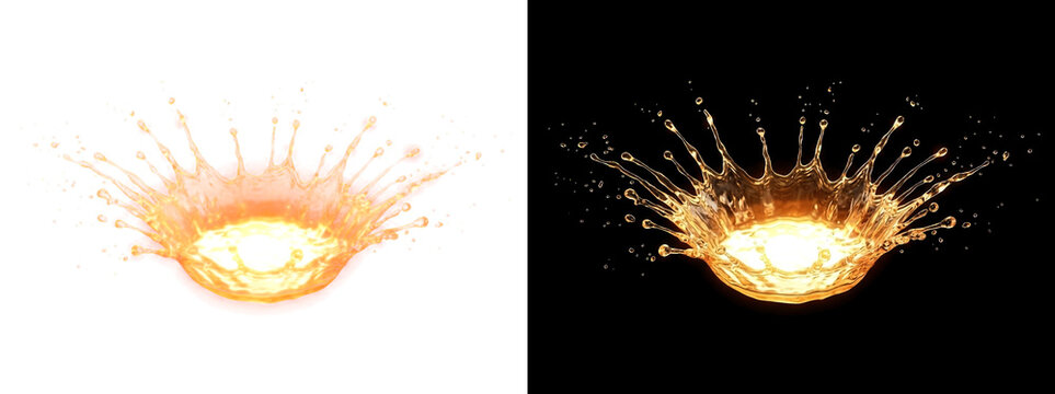 Fiery liquid splash crown with luminous ember droplets, sparkling burst effect overlay isolated on transparent background