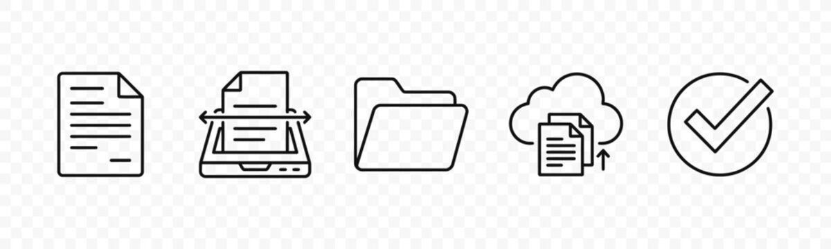 flat vector illustration line art icon bundle set design featuring cloud storage downloads printer receipts file folders and database sync checklists