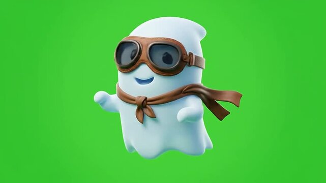 Cute 3d ghost character wearing aviator goggles on green screen
