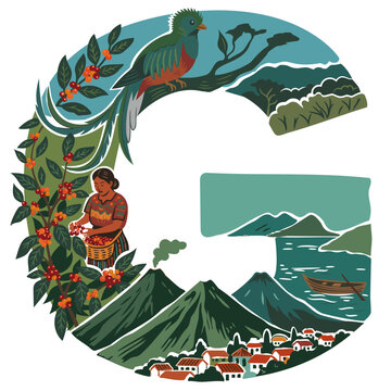 Vector. Ilustraci&oacute;n estilizada en forma de letra "G" representando la cultura y paisajes de Guatemala. Incluye ave quetzal, volcanes, lago Atitl&aacute;n, plantas de caf&eacute;