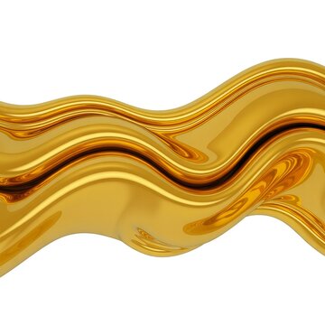 Liquid gold wave on white background, flowing metallic yellow paint splash, glossy 3d abstract golden swirl for luxury branding