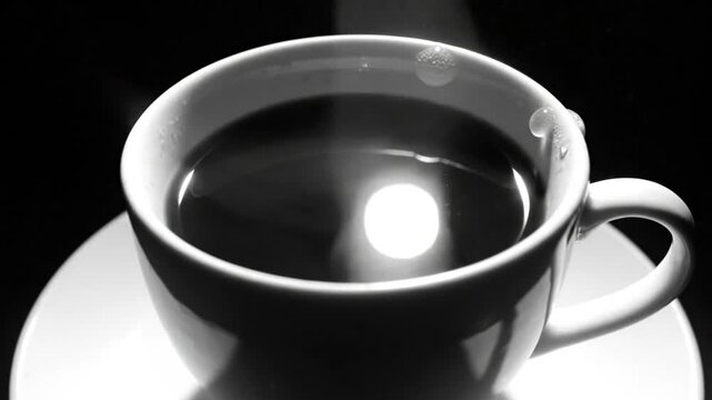 Close-up of a steaming white coffee cup on a saucer with dark background showcasing tranquil ambiance