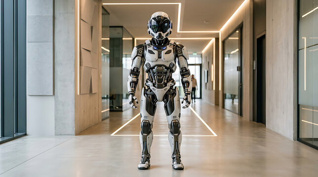 Advanced Robot Walking Modern Office Hallway
