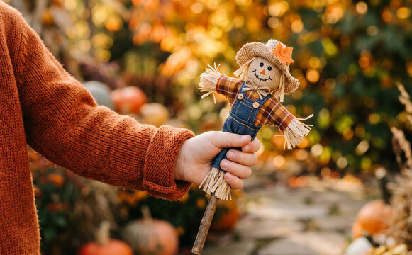 Child holding a small autumn scarecrow doll in a pumpkin patch during fall season
