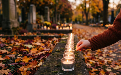 Obraz premium Person lighting candles on graves at a cemetery in autumn representing remembrance and grief