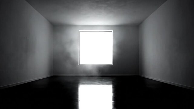 Minimalist interior with bright square window and dark floor casting a reflection in monochrome