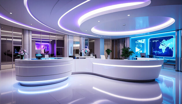 A sleek, futuristic office lobby bathed in ambient neon blue and purple light. This professional space features curved reception desks, no people, evoking modern innovation and corporate luxury.