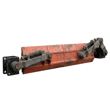 Heavy duty industrial mechanical scraper blade assembly with red metal plates and spring loaded arms isolated on a black background isolated on a transparent background