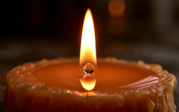 A close-up shot of a burning candle with a single drop of water resting on its surface