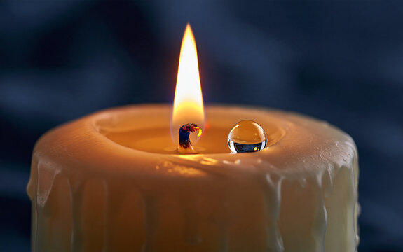A close-up shot of a burning candle with a single drop of water resting on its surface